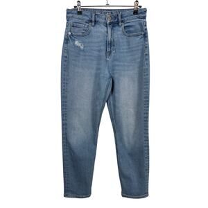 American Eagle Mom Jeans Womens 4S Blue High Rise Distressed Tapered Stretch